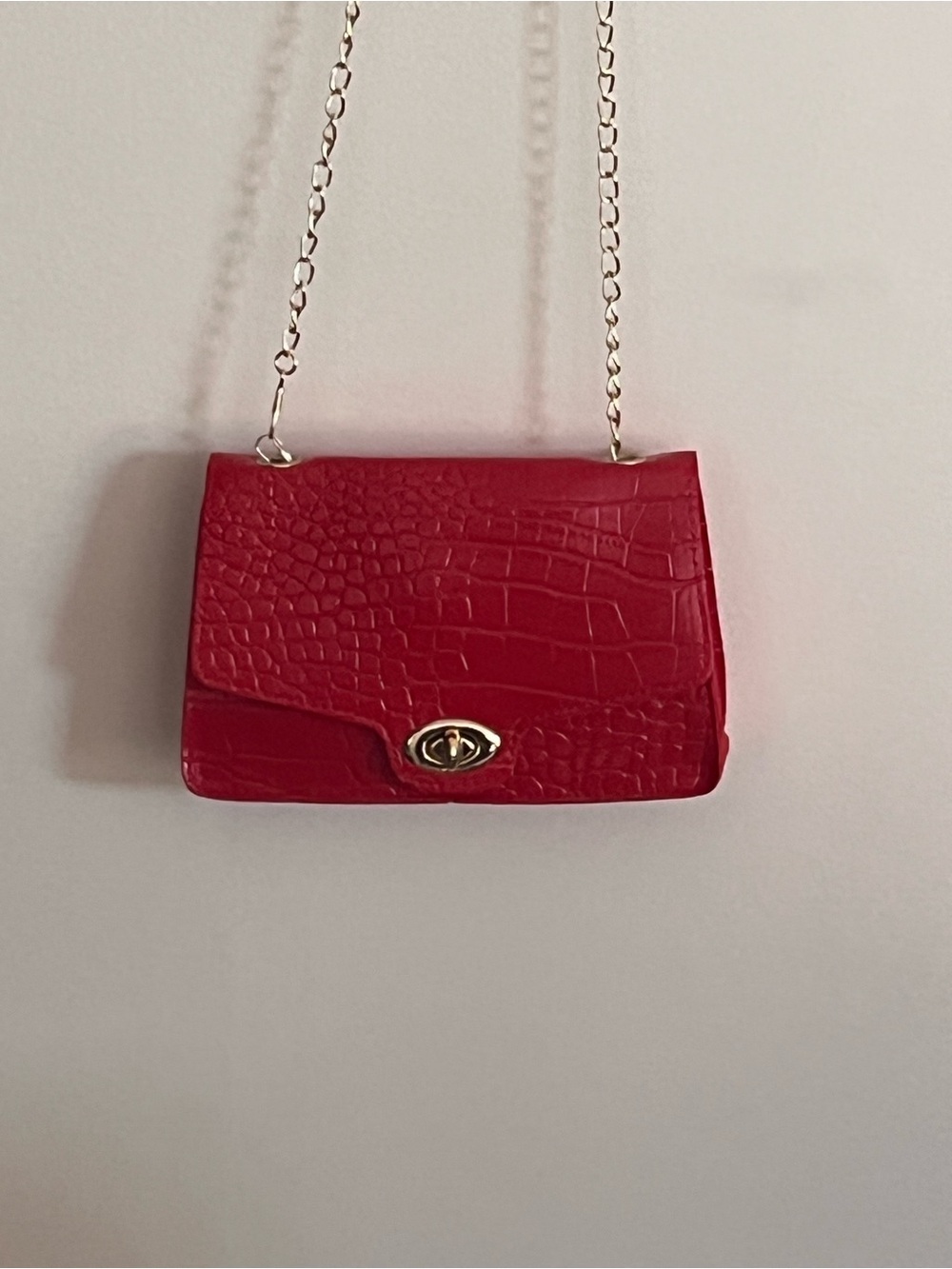 Croc-Textured Red Chain Strap Crossbody